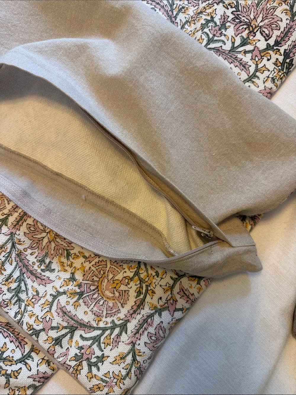 Floral Block Print Linen Cotton Pillow Covers (Set of 2) in Cream, Pink & Green